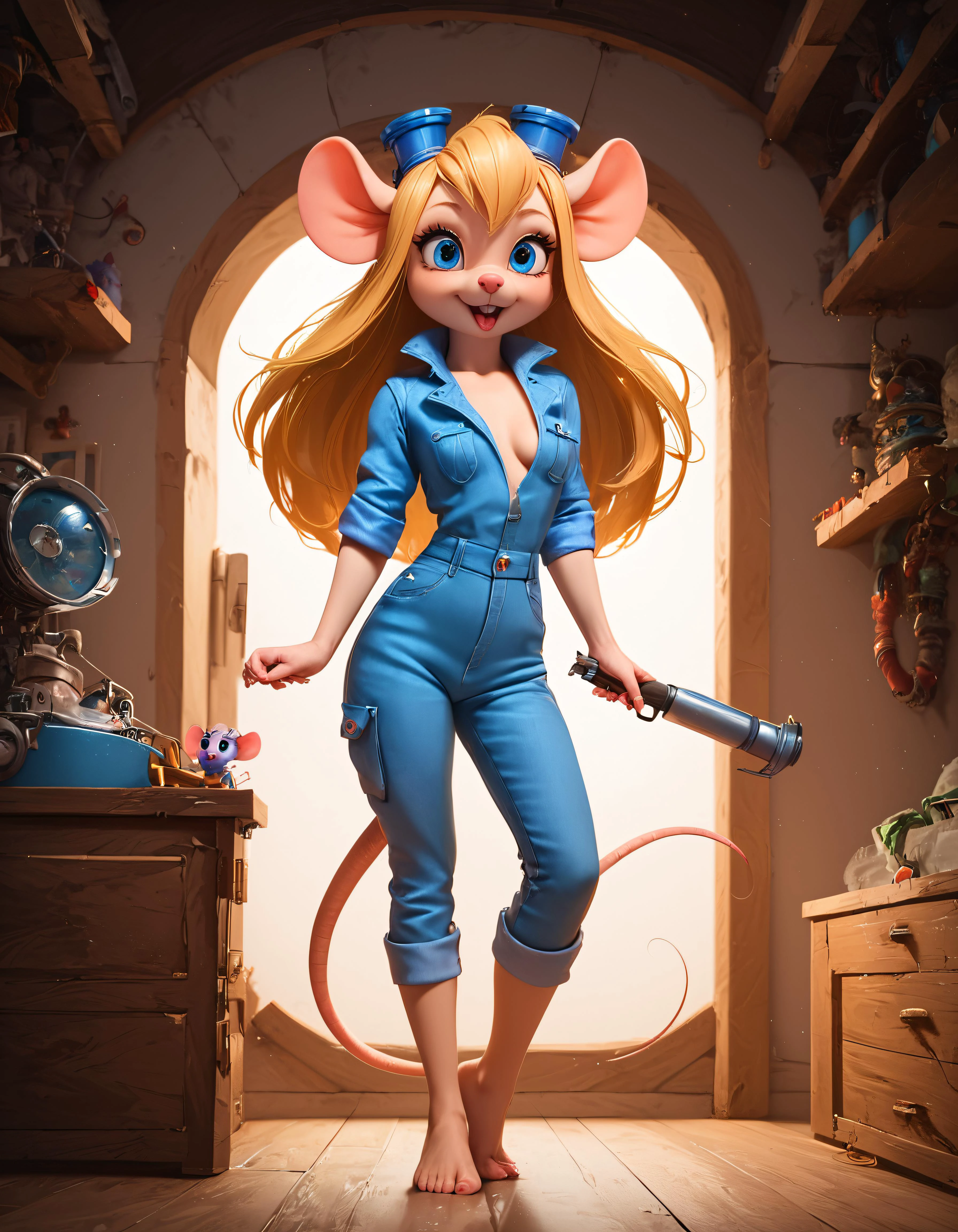 score_9, score_8_up, score_7_up, source_realistic, highly realistic, (absurd resolution), intricate details, zPDXL2, asymmetrical, concept art, raw photo,
1girl, tiny shrunken anthro mouse woman, gadget hackwrench, sparkling blue eyes, long blonde hair, medium breasts, wearing blue denim jumpsuit with sleeves rolled up, welding goggles on head, barefoot, erotic pose,
huge tools, giant screwdriver, mouse hole,
dynamic angle, cinematic lighting, detailed fur texture, detailed eyes, detailed background, volumetric lighting, subsurface scattering,
<lora:Expressive_H:1> Expressiveh, <lora:add-detail-xl:1> <lora:Beautiful_CAT_Pony:0.8> <lora:Gadget_-_Rescue_Rangers_PonyXL:0.6>