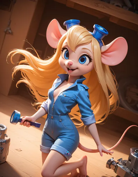 score_9, score_8_up, score_7_up, source_realistic, highly realistic, (absurd resolution), intricate details, zPDXL2, asymmetrical, concept art, raw photo,
1girl, tiny shrunken anthro mouse woman, gadget hackwrench, sparkling blue eyes, long blonde hair, medium breasts, wearing blue denim jumpsuit with sleeves rolled up, welding goggles on head, barefoot, cute pose,
huge tools, mouse hole,
dynamic angle, cinematic lighting, detailed fur texture, detailed eyes, detailed background, volumetric lighting, subsurface scattering,
<lora:Expressive_H:1> Expressiveh, <lora:add-detail-xl:1> <lora:Beautiful_CAT_Pony:0.8> <lora:Gadget_-_Rescue_Rangers_PonyXL:0.6>