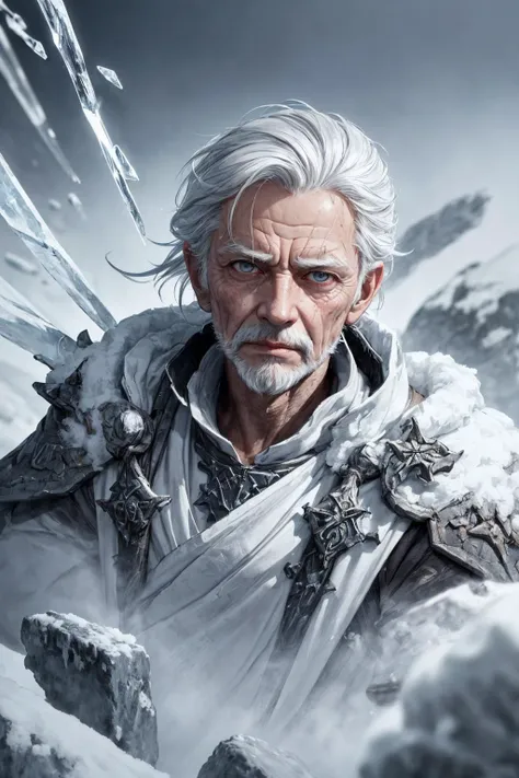 (best quality, masterpiece), <lora:tangbohu-detailer_1.0:0.8>
(1man, wrinkled face, old male:1.2), frail, black eyes, graying hair, short beard,
portrait, solo, upper body, looking up, detailed background, detailed face, (<lora:StonepunkAI:0.6>, stonepunkAI, stone theme:1.1), glowing eyes, frost sorcerer, white color scheme, wearing tattered blue-white sorcerer robes, belt, dynamic pose, mournful expression, permafrost, controlling ice, surrounded by icy power, magical runes, icicles in background, soft illumination, blizzard, serene atmosphere,