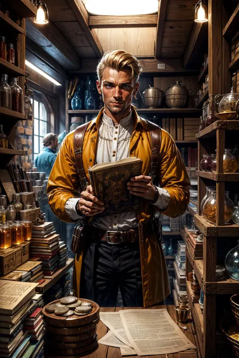 Comic art, RAW-format, <lora:tangbohu-detailer_1.0:1>, <lora:realistic:0.3>
(1man, thin adult ukrainian male:1.2), aquamarine eyes, medium blonde hair, slick back,
looking down, solo, half shot, detailed background, detailed face, (<lora:1970RetroFuturism:0.6>, 1970retrofuturism, 1970s theme:1.1), warm smile, presenting wares, shop owner, (yellow:0.8) simple merchant clothes, pouches, belts, (medieval shop interior:1.1), (crates:0.8), (storage baskets:0.8), selling wide variety of books, scrolls, parchment, shiny glittering coins,