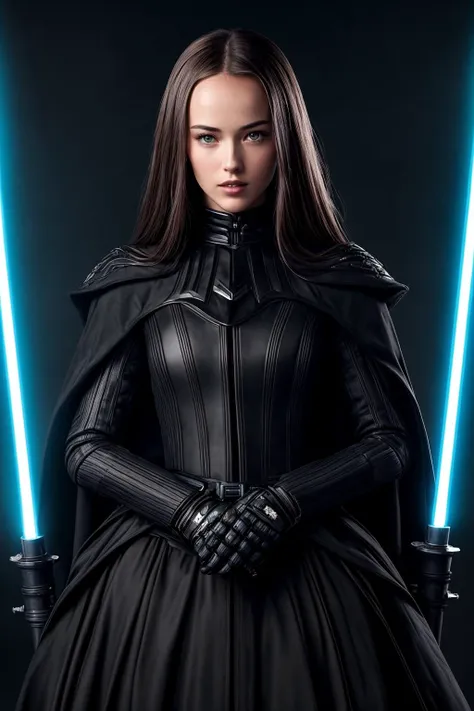 best quality, extra resolution, close up portrait of AIDA_pim2023 as an aciant old evil witch queen, rich, dress with long sleeves, pretty face, serious face, adult, evil smile, perfect body, (holding laser blade:1.3), dynamic pose, cinematic, studio photo, kkw-ph1, (dark theme:1.1) <lora:LowRA:0.2>, <lora:tangbohu-detailer_1.0:1>, star wars parody, sci-fi castle, neon lights, (AS-Adult:1.1), edgDeathKnight armor <lora:edg_DeathKnight:0.2>