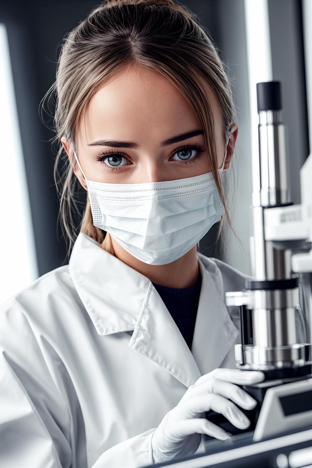 A woman in a lab coat and mask looking at a microscope - SeaArt AI