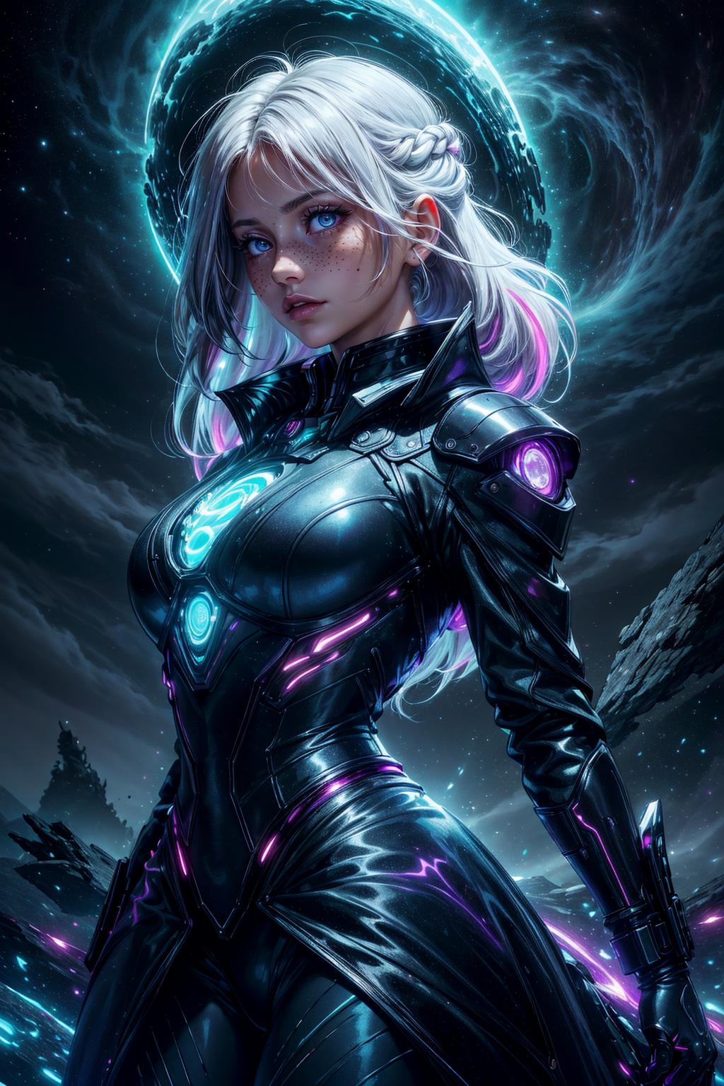 A woman in a futuristic suit with glowing lights and a halo - SeaArt AI