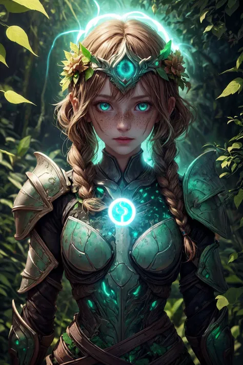 (best quality, masterpiece), <lora:tangbohu-detailer_1.0:0.8>
1 girl, adult (elven:0.7) woman, freckles, hazel eyes, ginger braided hairstyle,
Style-GravityMagic, solo, upper body, looking at viewer, detailed background, detailed face, (<lora:BiophyllTech:0.6>, bioluminescent, BiophyllTech theme:1.1) glowing eyes, verdant-champion, leaf armor, blending of ivy with armor, rusted armor, flower helm, green magical lights, walking, graceful, green runes, lit-up green mystical symbols etched in armor, magical plant growth, tangled roots in background, magical haze, filtered light, eerie atmosphere,