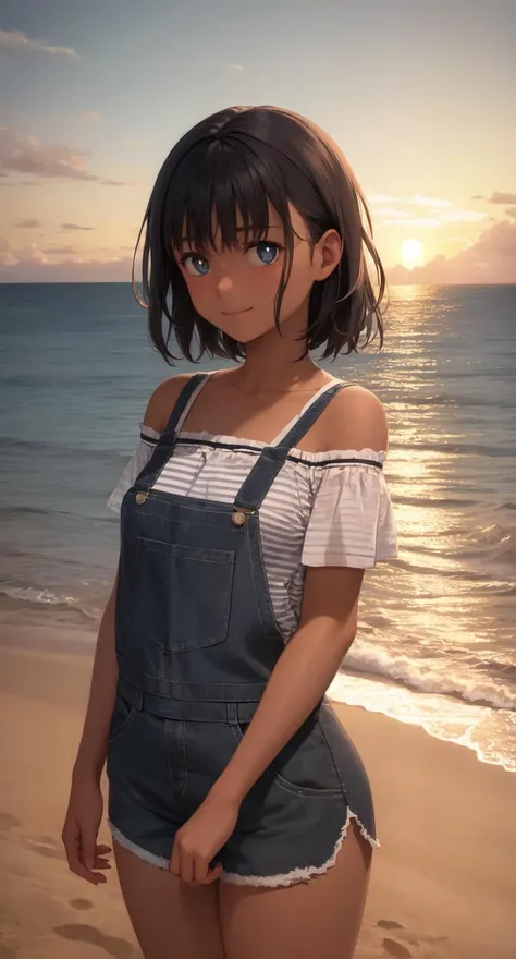 (masterpiece:1.2), best quality, absurdres, illustration, 8k, realistic shadows,cowboy shot, blush, detailed shadows, skindentation, long eyelashes, beautiful detailed eyes, ultra-realistic, realistic, perfect pupils, hdr, upper body, light smile, shiny skin
ocean, pier, cliffs, beach, house, gradient, setting sun, water reflection, dusk
kofune_mio, 1girl, solo, shirt, short sleeves, dark-skinned female, tied-up shirt, striped shirt, overall, black hair, off shoulder, standing, shorts