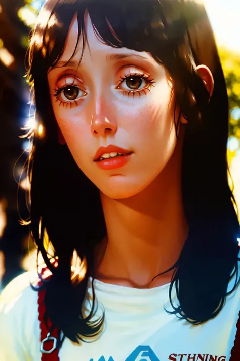 digital illustration of a woman, Shelley Duvall, on a sunny day, long eyelashes, atmospheric lighting, brown eyes, UHD, masterpiece, best quality <lyco:Shelley_Duvall:1>