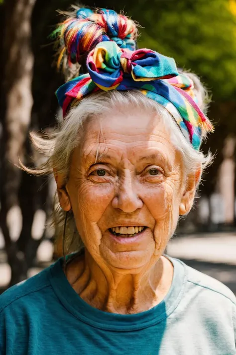 RAW photo, portrait photo of an elderly woman with a colorful headband on her head , on a sunny day, long eyelashes, natural light, 8k uhd, high quality, film grain, Fujifilm XT3 <lyco:Shelley_Duvall:1>