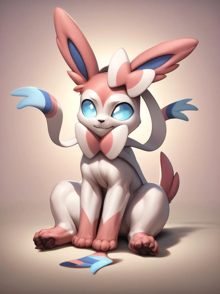 <lora:2.5DStylePonyDiffusionV6XL_V0.1:0.6>,score_9,score_8_up,score_7_up,score_6_up,score_5_up,score_4_up,portrait,feral,full body,epic,gradient background,sitting, Sylveon,pink background