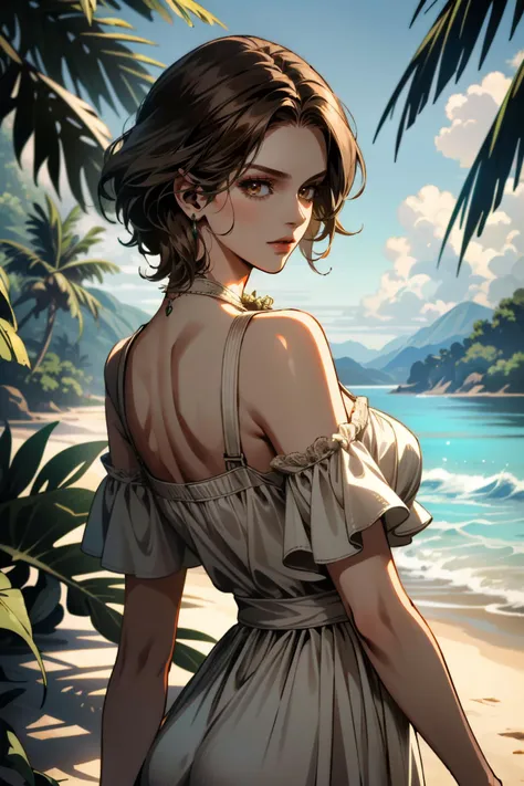 ((ultra detailed, masterpiece, absurdres))
 <lora:RE6Helena:0.8>
RE6Helena, 1girl, brown eyes, brown hair, on a tropical island, sundress, palm trees