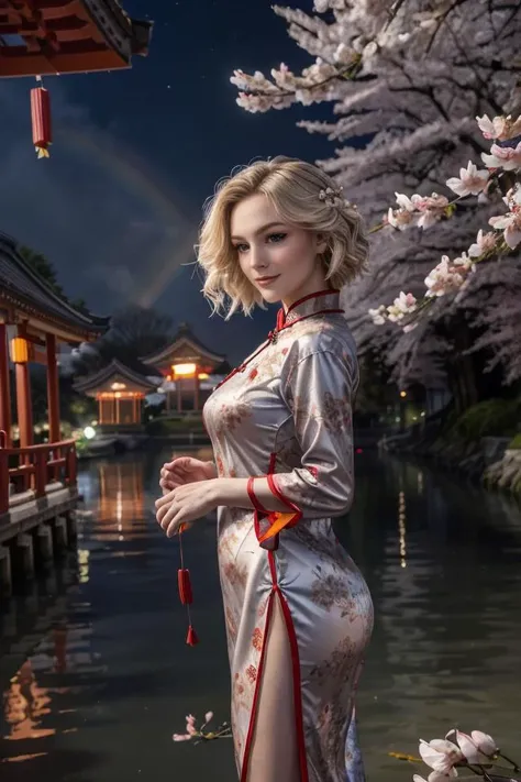 wearing a Cheongsam, (rainbow) trim, shiny silk, floral design, looking at viewer, smirk, happy, medium shot, standing, outside, lake, night torii, high quality, masterpiece, (sakura trees, cherry blossom), (paper lanterns, lunar new year), better_oppai, <lora:PerfectFullBreasts-fCV3.5:1.0>, <lora:more_details:0.8>, <lora:GoodHands-beta2:0.8>, <lora:KallMeKris:0.8> KallMeKris