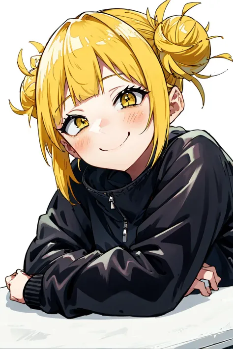 (masterpiece, best quality:1.3), yellow eyes, blush, blonde hair, outdoors,<lora:toga-10:0.8> himikotoga, 1girl, solo, double bun, messy hair, light smile, smile, naughty face, blush, <lora:POVadoring:0.7> POVadoring 1girl, solo, looking at viewer, blush, smile, bangs, simple background, long sleeves, white background, closed mouth, jacket, yellow eyes, black jacket, crossed arms,