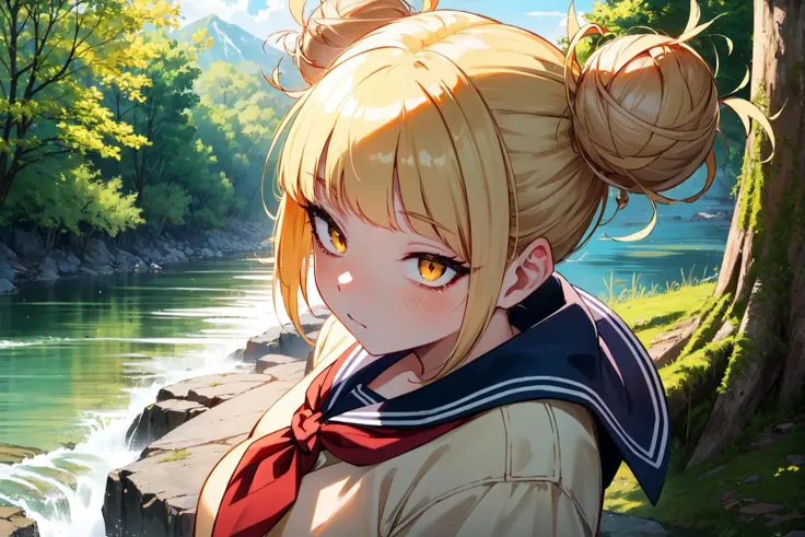 sharp focus,(8k), (4k), extremely detailed, intricate, hyper detailed, (((masterpiece))), (((best quality))), ((ultra-detailed)), (cinematic lighting), (illustration), (beautiful detailed eyes) <lora:toga-10:0.7> himikotoga,yellow eyes, blonde hair, 1girl, solo, looking at viewer, ((hair bun, double bun, short hair)), outdoors, Cut-out top, dim lighting, mountainous horizon, tree, river, riverbank, facing viewer, full body, long sleeves, school uniform, sidelocks, serafuku, sailor collar, neckerchief, cardigan, red neckerchief,
