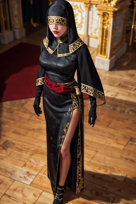 highres,absurdres,masterpiece,best quality,original,extremely detailed CG,extremely detailed wallpaper,perfect lighting,standing on the stage,blurry background,(from above),looking at viewer,
<lora:visas:0.6>,robe,dress,hood,covered eyes,black gloves,