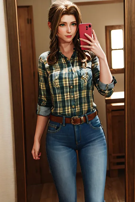 masterpiece,best quality,highres,<lora:MIAOKA_Aerith:0.8>,1girl,solo,Aerith Gainsborough,green eyes,country style,western-inspired clothing,cowboy boots,denim,rustic accessories,earthy colors,casual comfort,(plaid_shirt),cowboy shot,<lora:MirrorSelfieLora:0.6>,mirror selfie,holding phone,