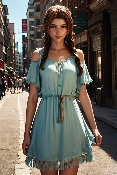 masterpiece,best quality,highres,<lora:MIAOKA_Aerith:0.8>,1girl,solo,Aerith Gainsborough,green eyes,hair ornament,bohemian style,flowing dresses,layered clothing,earthy colors,fringe accessories,ethnic prints,natural fabrics,artistic designs,cowboy shot,city,