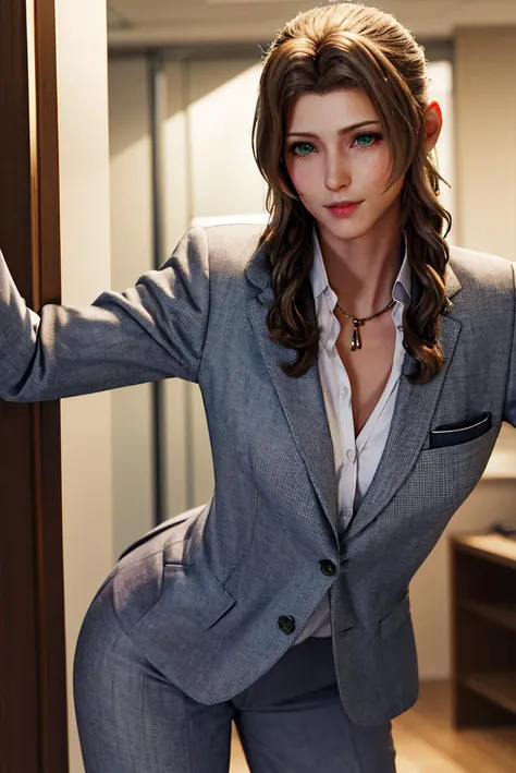 masterpiece,best quality,highres,<lora:MIAOKA_Aerith:0.8>,1girl,solo,Aerith Gainsborough,green eyes,hair ornament,suit style,tailored suits,dress shirts,ties,pocket squares,cufflinks,formal attire,cowboy shot,looking at viewer,office,bent over,