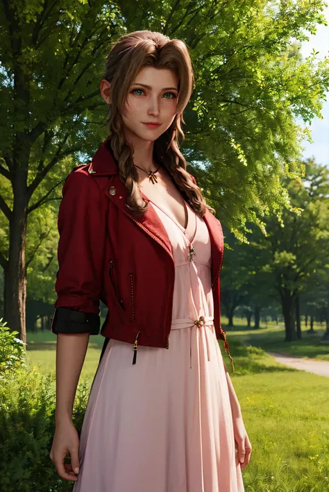 masterpiece,best quality,highres,<lora:MIAOKA_Aerith:0.8>,1girl,solo,Aerith Gainsborough,green eyes,hair ornament,red jacket on top of long pink summer dress,cowboy shot,looking at viewer,farm,outdoors,