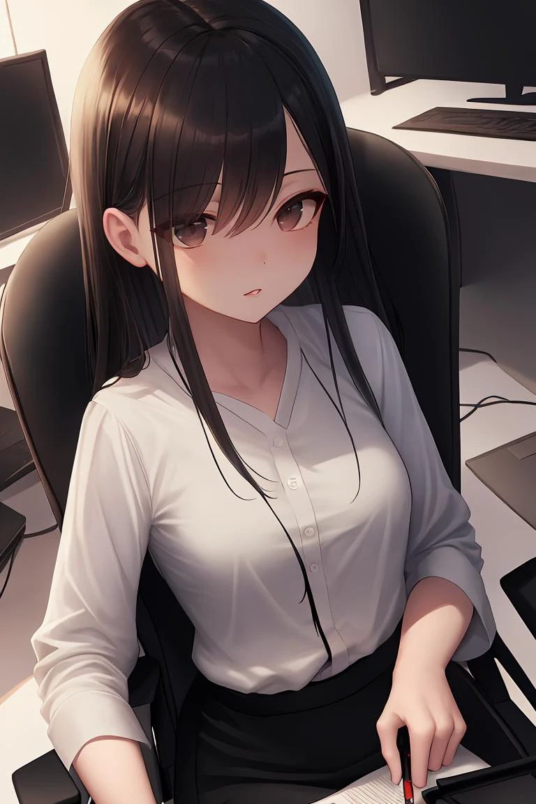 (masterpiece, best quality), a young black haired girl office secretary dressed in a transparent white blouse and black office skirt and black pantyhose ,sitting in an office chair, holding pencil, (detailed skin:1.3),(detailed eyes), (sharp focus),