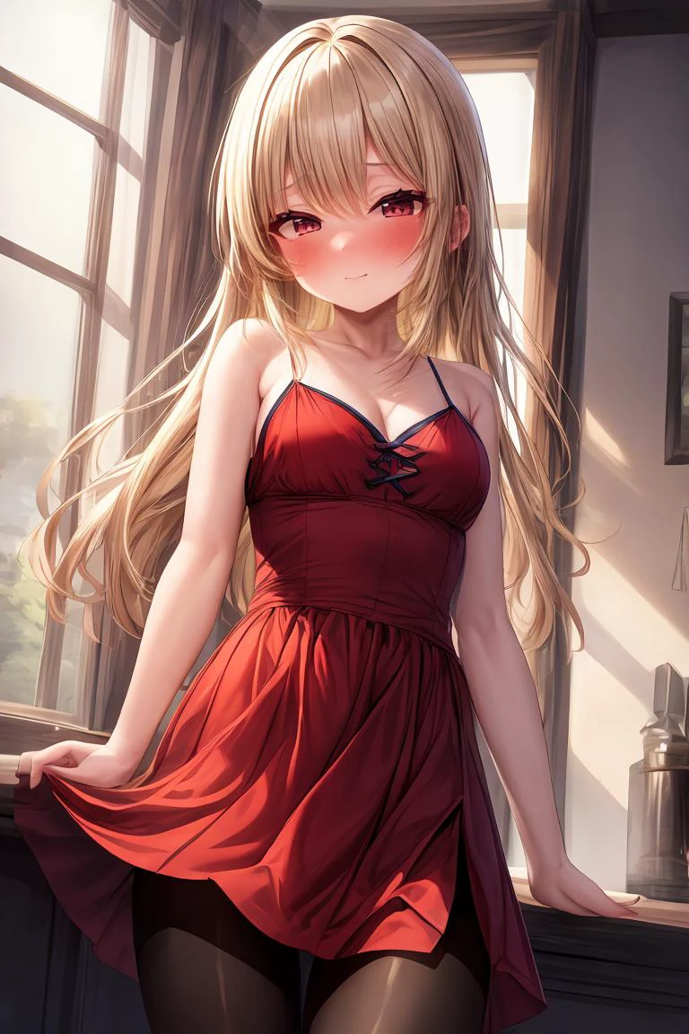 (masterpiece, best quality), 1girl, blonde hair, red dress, pantyhose, cute face, blush, <lora:add_detail:1>