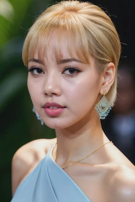 photoshoot of lalisaMan1, (blonde hair), (pixie cut), , detailed skin texture, (blush:0.2), (goosebumps:0.3), (light blue dress), subsurface scattering, Photorealistic, Hyperrealistic, Hyperdetailed, analog style, hip cocked, demure, detailed skin, matte skin, soft lighting, subsurface scattering, realistic, heavy shadow, masterpiece, best quality, ultra realistic, 8k, golden ratio, Intricate, High Detail, film photography, soft focus