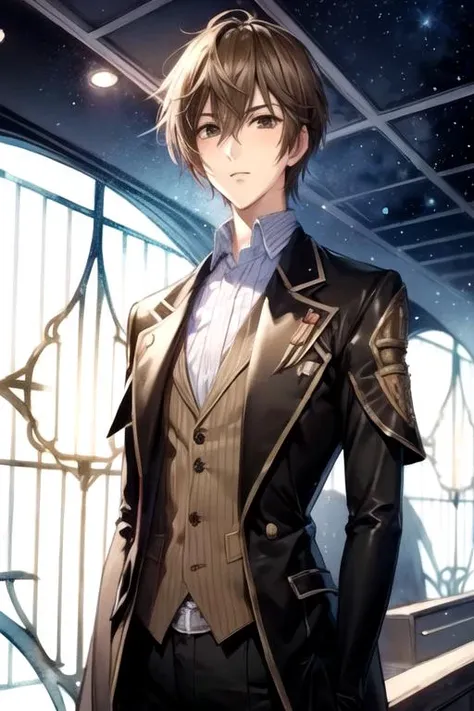 masterpiece, best quality, sketch, 1boy, solo, male focus, looking at viewer, upper body, depth of field, (watercolor illustration, soft pastel colors:1.1), , <lora:kei_takishima:0.68>, kei_takishima, brown hair, brown eyes, funny costume, science fiction space western,