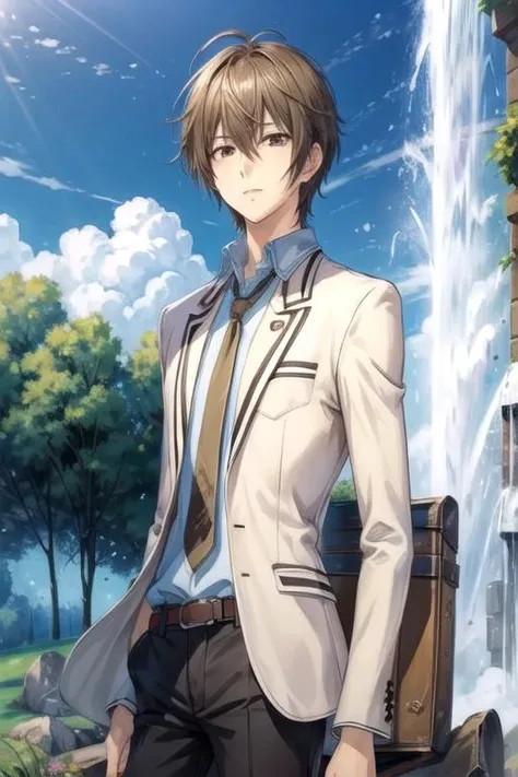 masterpiece, best quality, wallpaper, 1boy, solo, male focus, looking at viewer, , depth of field, , , <lora:kei_takishima:0.66>, kei_takishima, brown hair, brown eyes, , , geyser, Blu-ray