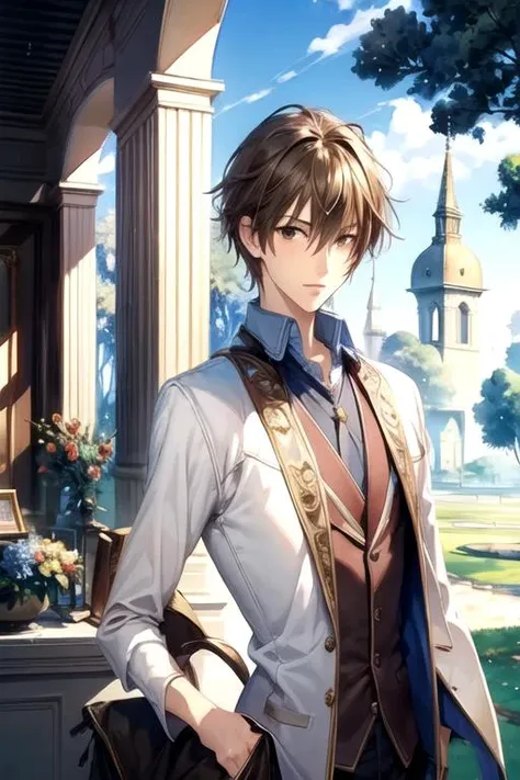 masterpiece, best quality, game cg, 1boy, solo, male focus, looking at viewer, upper body, depth of field, (watercolor illustration, soft pastel colors:1.1), realistic, <lora:kei_takishima:0.70>, kei_takishima, brown hair, brown eyes, , , Narnia: A land of talking animals and magical creatures, ruled by Aslan the lion,