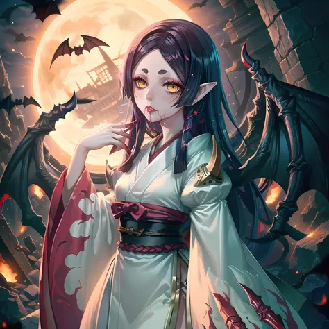 yuanshen,1girl,solo,wings,sharp fingernails,long hair,yellow eyes,fingernails,japanese clothes,pointy ears,long fingernails,black hair,white background,kimono,colored sclera,sash,looking at viewer,wide sleeves,bat wings,slit pupils,hair ribbon,obi,claws,very long hair,ribbon,makeup,demon wings,black sclera,long sleeves,<lora:add_detail:0.5>,<lora:epiNoiseoffset_v2:0.5>,<lora:EnvyBetterHands LoCon_beta2:1>,perfect hands,<lora:吸血姬1:0.8>,scarlet_moon,rubble_ruins,grave,night,bleeding from the corners of the mouth,