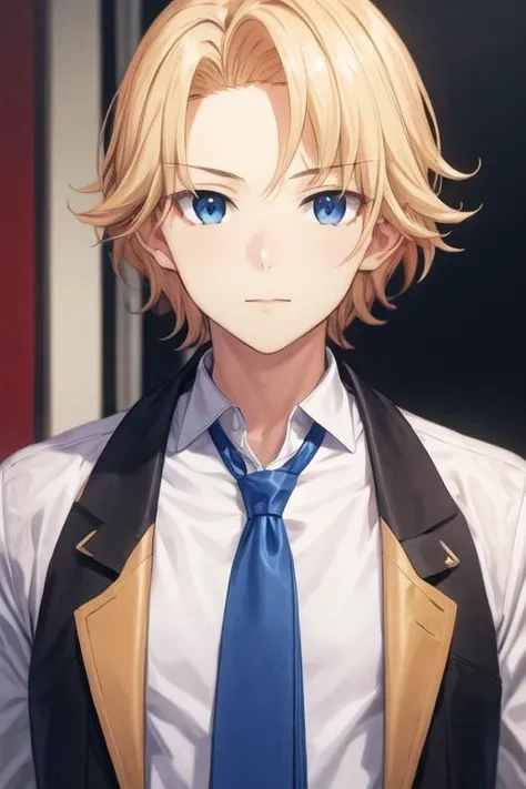 masterpiece, best quality, high quality, 1boy, solo, male focus, looking at viewer, upper body, <lora:august_von_earlshide:0.68>, august_von_earlshide, blonde hair, blue eyes, , formal, necktie, dress shirt