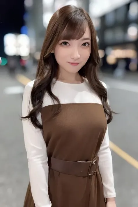 1girl, (wearing a casual dress:1.6),(RAW photo, best quality), (realistic, photo-realistic:1.4), masterpiece, an extremely delicate and beautiful, extremely detailed, 2k wallpaper, Amazing, finely detail, extremely detailed CG unity 8k wallpaper, ultra-detailed, highres, soft light, beautiful detailed girl, extremely detailed eyes and face, beautiful detailed nose, beautiful detailed eyes,cinematic lighting,(in the city at night:2.0),perfect anatomy,slender body,(smile:1.4),(close up:1.8),(look at viewer),(front view:1.4),cinematic angle,(wavy hair:1.2),(brown eyes:1.6), <lora:kawaseuta_lora-02:0.8>