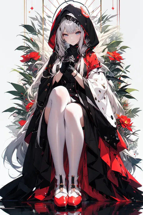 Anime girl, white hair, ((white skeleton)), red flower, illustration, 25 year old, bone, skull, ((bust-up)), red eyes,