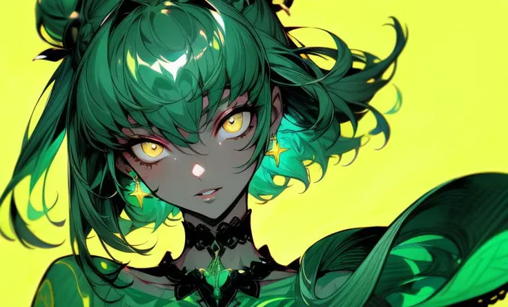 <lora:Code Geass - C.C. @ c.c.:0.7>, c.c., 1 girl, hair ornament, jade (bob hair cut:1.15), hair bun, (neon yellow eyes:1.25), medium breasts, (happy:1.1), parted lips,
earrings, (intricate details:1.15), black choker,
green marks, green prints,
<lora:add_detail:1>, simple background, (masterpiece:1.2), best quality, absurdres, <lora:sxz-niji-v2:0.5>, high saturation, deep shadows, <lora:midjourney_20230624181825:0.33>, midjourney