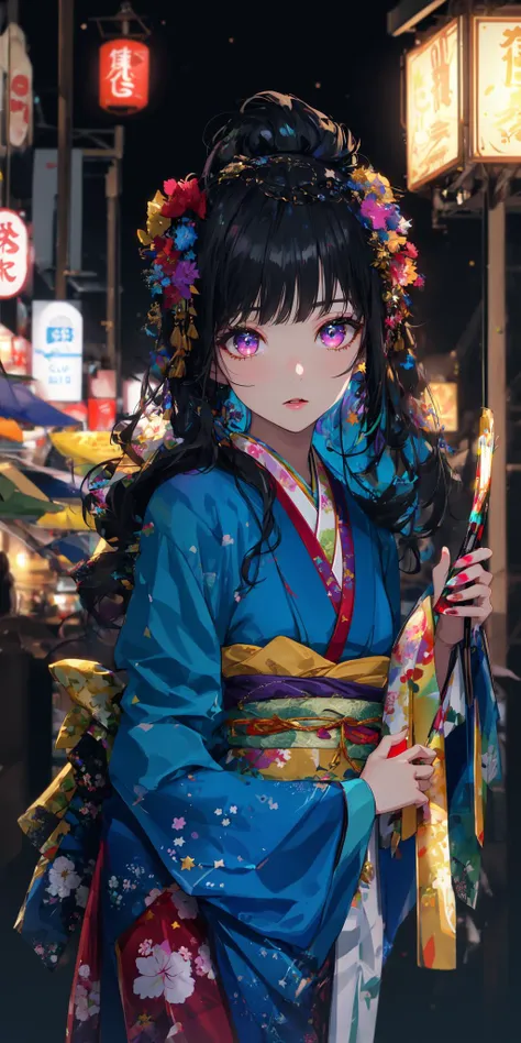 ((masterpiece, best quality)), japanese festival, people,market, food stand,mountain background,(kimono),japanese lantern,market, (extremely detailed CG unity 8k wallpaper, masterpiece, best quality, ultra-detailed, best shadow), (detailed background), (beautiful detailed face, beautiful detailed eyes), High contrast, (best illumination, an extremely delicate and beautiful),1girl,((colourful paint splashes on transparent background, dulux,)), (caustic), vibrant color, dynamic angle,beautiful detailed glow,full body, cowboy shot, red, green, yellow, purple eyes, pink eyes,(close up), colorful,(stars:1.3), sandals, night, <lora:LowRA:0.6> dark theme, <lora:midjourney_20230624181825:0.3>