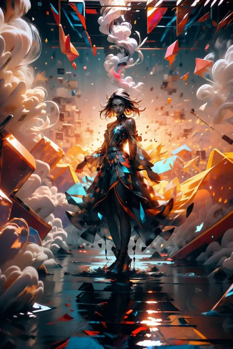 (full body:1.2), (Smokexxx:1.4), (1girl:1.2, body covered in words, words on body:1.1, tattoos of (words) on body:1.2), (masterpiece:1.4, best quality), perfect skin, colorful long flowing hair, medium breasts, glowing eyes, (intricate details), unity 8k wallpaper, ultra detailed, (pastel colors:1.3), beautiful and aesthetic, silk (clothes), detailed, solo, <lora:midjourney_20230624181825:0.4> <lora:stylized_3dcg_v4-epoch:0.4> <lora:Fault_art:0.6>,(EnergyVeins:1.5),<lora:EnergyVeins:1>,((floating on water)), <lora:smokeanywhere:1> shards of glass everywhere, <lora:ShardsV1:1>