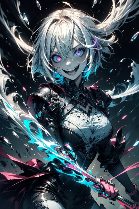 1girl,standing,white hair,short hair,portrait,looking at viewer,teeth,laughing,laugh,smile,grin widely,open mouth,colorful,color explosion behind,neon,scary,(horror style),mad,(madness),(mad laugh:1.3),(craziness),(mad smile:1.2),expression, <lora:midjourney_20230624181825:0.8> midjourney