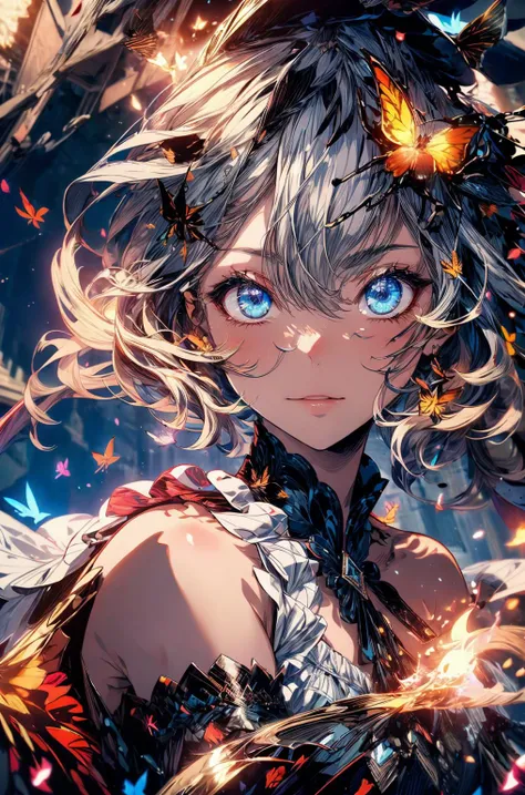 (extremely detailed CG unity 8k wallpaper), (masterpiece), (best quality), (ultra-detailed), (best illustration),(best shadow), (an extremely delicate and beautiful), dynamic angle, floating, fine detail, (bloom), (shine), glinting stars, classic, (painting), (sketch),
a girl, solo, bare shoulders, flat_chest, diamond and glaring eyes, beautiful detailed cold face, very long blue and sliver hair, floating black feathers, wavy hair, extremely delicate and beautiful girls, beautiful detailed eyes, glowing eyes,
palace, the best building, ((Fire butterflies, Flying sparks, Flames)), <lora:add_detail:1>, <lora:midjourney_20230624181825:0.9>,
