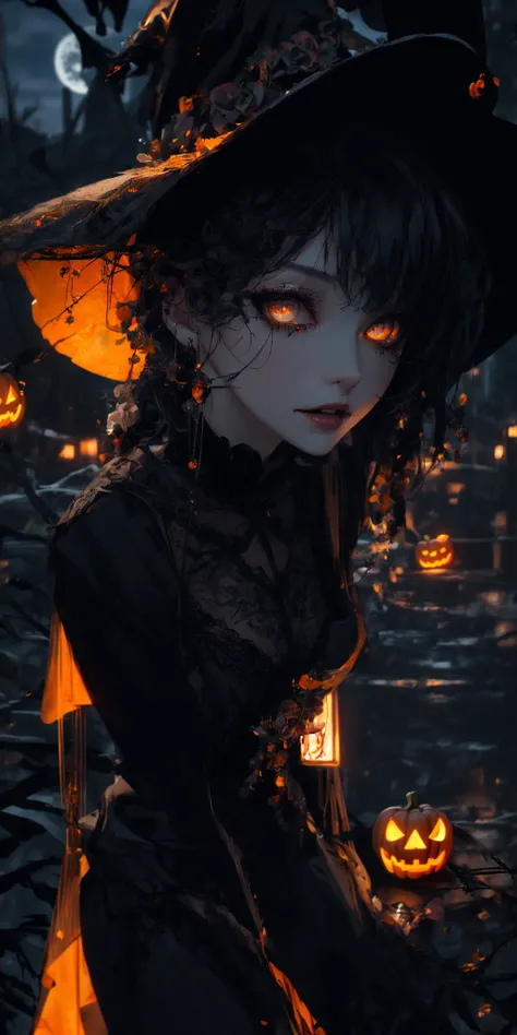 ((masterpiece, best quality)),((Halloween)),full moon,pumpkin,(spooky town:1.3),(abstract), (zombie), bramble vine, spider, (webs), dead trees, mist, (black cloack) ,witch, skeleton, scary, orange and black eyes,  eyes glow, (extremely detailed CG unity 8k wallpaper, masterpiece, best quality, ultra-detailed, best shadow), (detailed background), (beautiful detailed face, beautiful detailed eyes), High contrast, (best illumination, an extremely delicate and beautiful),1girl, (caustic), vibrant color, dynamic angle,beautiful detailed glow,full body, cowboy shot,orange, black,(cloudy), night,  <lora:more_details:0.2>   <lora:LowRA:0.6>   <lora:midjourney_20230624181825:0.7>