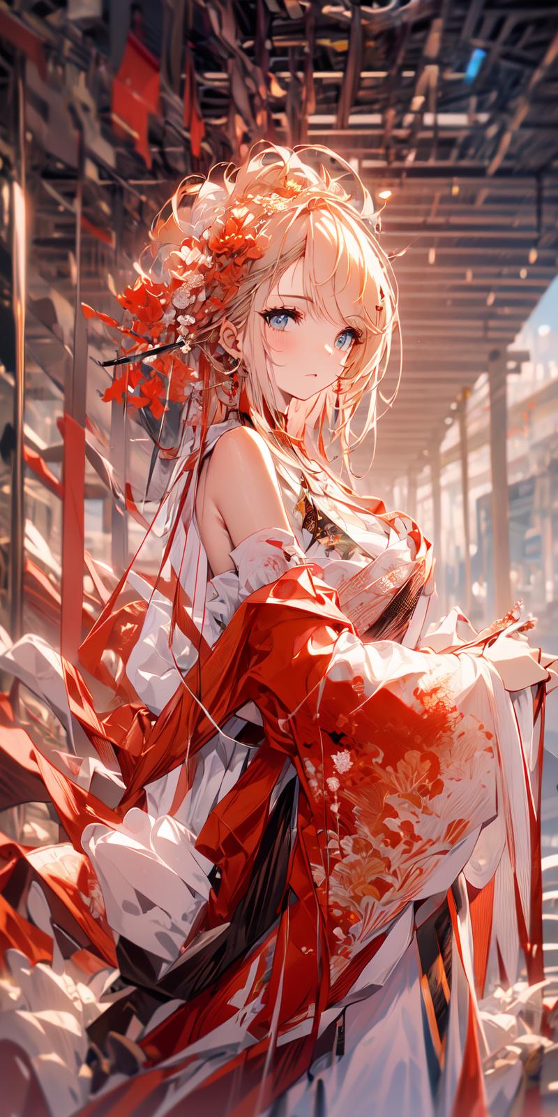 A woman in a red and white dress holding a knife - SeaArt AI
