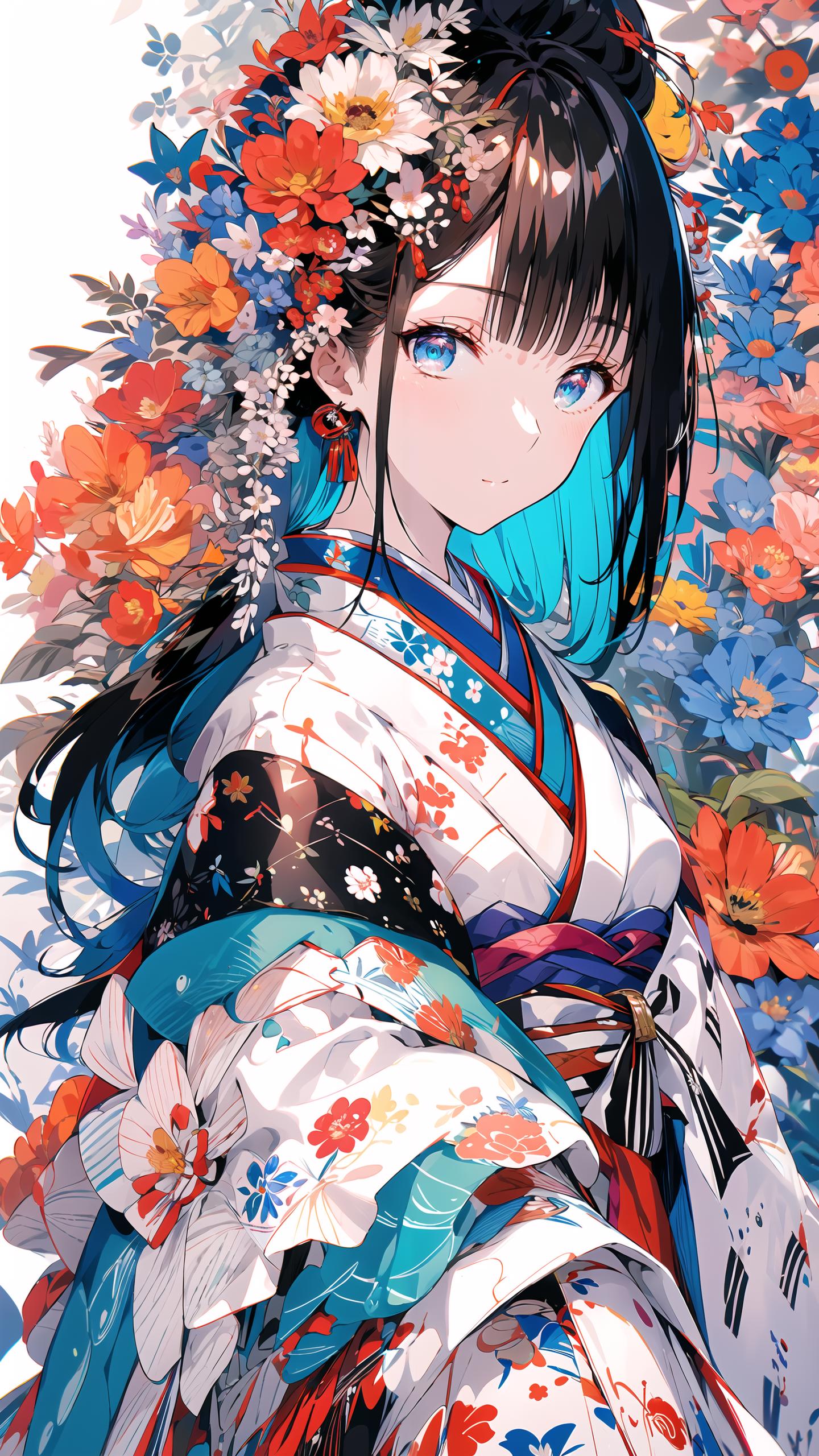 A woman in a kimono with flowers on her head - SeaArt AI