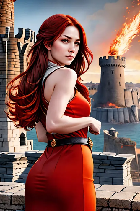 raging reindeer style, On the battlements of King's Landing, fiery red hair cascades down her back, <lora:raging_reindeer_style_sd_1.5:1>
