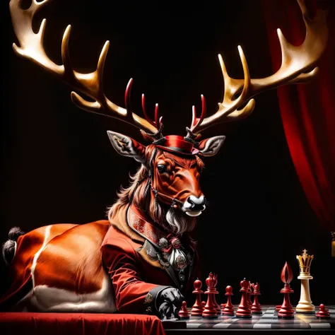 a raging reindeer style painting of a red a sophisticate reindeer wearing a top hat with (antlers:1.2) and a monocle, playing chess, masterpiece, best quality, realistic, vibrant, deep contrast, rich color, 4k, 8k, absurdres, <lora:raging_reindeer_style_sd_1.5:1> , <lora:more_details:0.5>