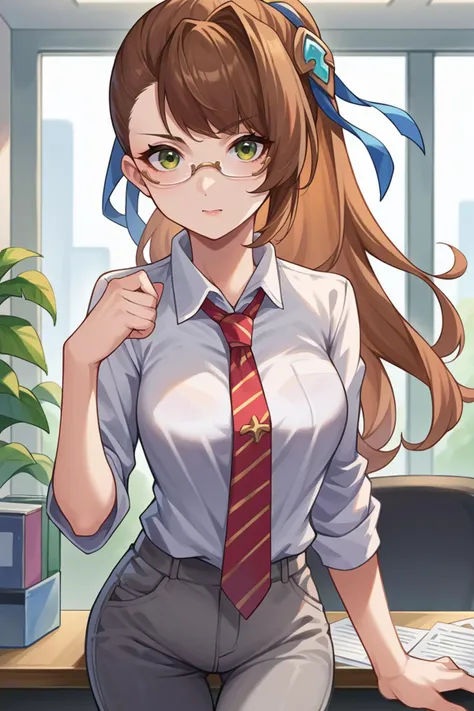 score_9, score_8_up, score_7_up, score_6_up, source_anime BREAK 1girl,  <lora:gbfbeatrix-pdxl-nvwls-v1-000005:1> defbeatrix, brown hair, green eyes, ponytail, hair ribbon, white shirt, necktie, collared shirt, medium breasts, grey pants, office, glasses, looking at you