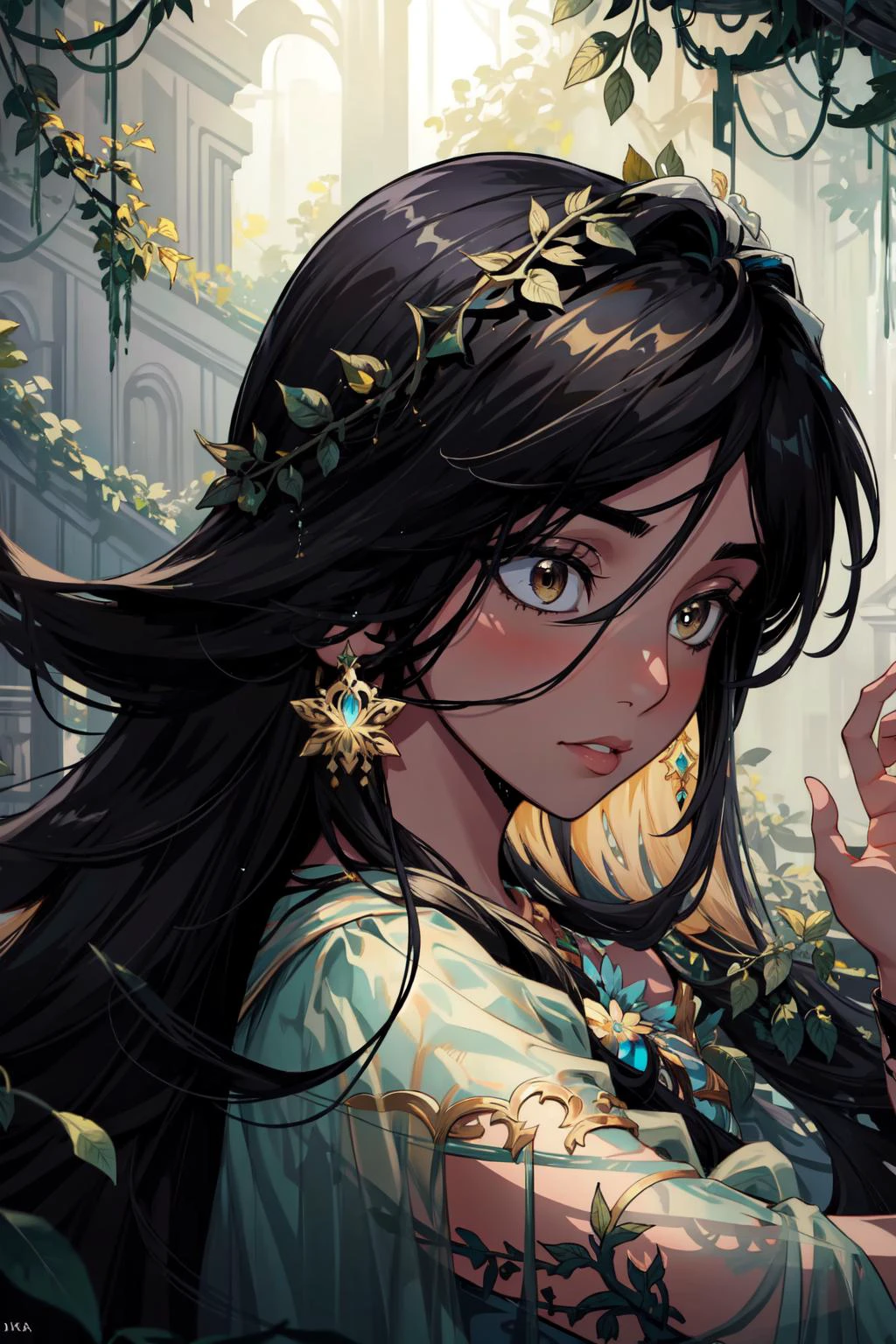 (masterpiece, best quality), intricate details, 8k, artstation, wallpaper, official art, splash art, sharp focus,
(1girl:1.2), <lora:jasmineV3:0.8> jasmine,
<lora:pitch_black_shadow_V2:0.8> girl, <lora:OvergrownCity:0.8> over_grown, leaves, vines, ruins,