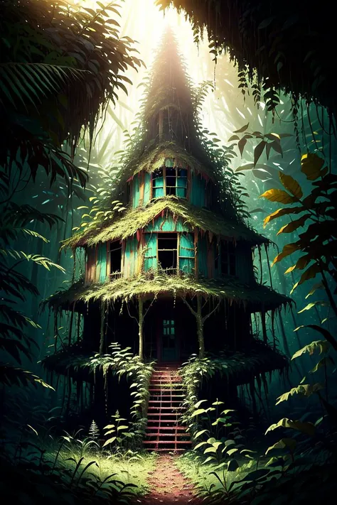 masterpiece of an abandoned overgrown cabin in a jungle, glowing, magic, mushrooms, ferns, crystals, fantasy, <lora:OvergrownCity:1>,