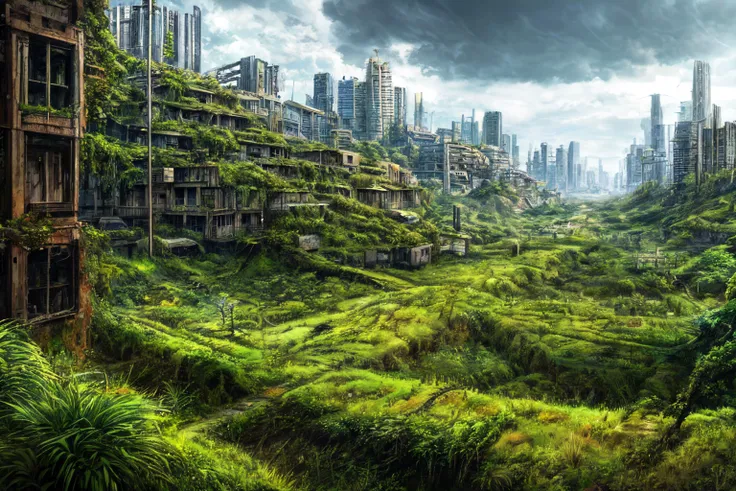 (masterpiece), best quality, ultra-detailed, highest quality, <lora:add_detail:1>, a post apocalyptic city, [city:7], overgrown vegetation, over_grown, [vegetation:9]