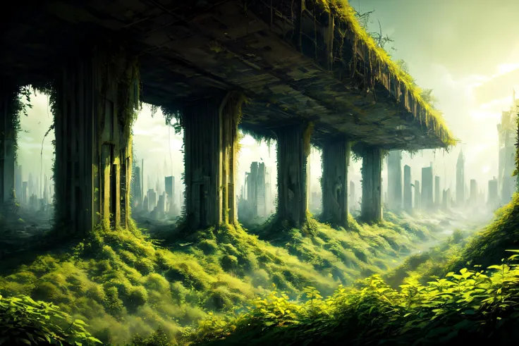 (masterpiece), best quality, ultra-detailed, highest quality, <lora:add_detail:1>, a post apocalyptic city, [city:7], overgrown vegetation, over_grown, [vegetation:9], <lora:OvergrownCity:1>