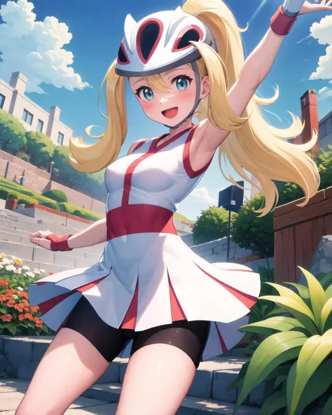 (masterpiece:1.5), (best quality:1.5), (extremely detailed:1.3), 4k, <lora:PKMN_Korrina-DEF:0.8>, (korrinadef), solo, long hair, ponytail, helmet, short dress, bike shorts, fingerless gloves, blue eyes, :d, blush, looking at viewer, global illumination, shiny skin, nature, sky, (sharp focus), perfect body, pose, armpits, beautiful legs, flowers, garden,