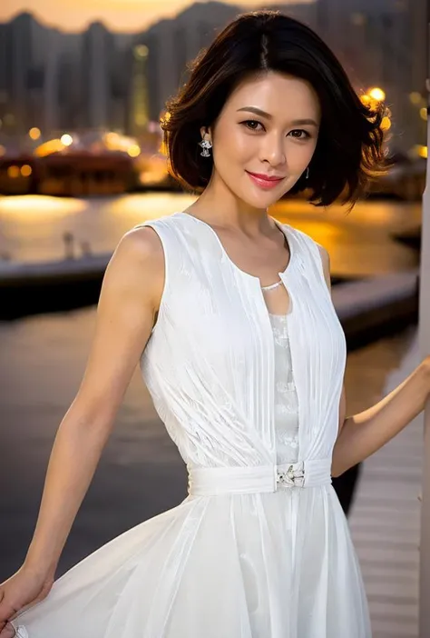 <lora:guanzhilin3:0.9:lbw=1,0,0,0,1,1,0,0,1,1,1,1,1,1,1,1,1>guanzhilin body, guanzhilin face, earrings, perfect hands,good hands,solo, A stunning beauty stands at the edge of Victoria Harbor, captivating all who gaze upon her. The moonlit sky shimmers across the rippling water, casting a silvery glow upon her delicate features. Her long, wavy hair flows freely in the gentle breeze, framing her heart-shaped face and alluring green eyes.Dressed in a glamorous yet understated ensemble, she exudes a natural elegance that is both alluring and enchanting. The soft fabric of her dress flows gracefully with the movement of the harbor, trailing behind her like a silken cape.As she stares out across the vast expanse of water, her expression is one of deep serenity, as if she is lost in the beauty of the moment. Her lips curve into a wistful smile, one that seems to hold the secrets of the night and the promises of tomorrow.The lights of the city dance upon the water, creating a dazzling display that reflects in her eyes like stars in the night sky. She stands there, a vision of ethereal beauty, captured in a moment of pure harmony with the city and the harbor that frames her,
(8k, RAW photo, best quality, masterpiece:1.2), (realistic, photo-realistic:1.55), (ultra-detailed:1.34),
(black hair:1.34),
(white dress:1.9),(white skin,),(pov:1.34)
smile,
(looking at viewer),
supermodel,
(depth of field:1.69),(long exposure:1.2),(dynamic motion:1.13),(Extreme Aestheticism:1.93),offical art,first person view,blurry background,(professional photograph:1.5),
(8k, RAW photo, best quality, masterpiece:1.2), (realistic, photo-realistic:1.55), (ultra-detailed:1.34), (highres:1.6),
(pov:1.35)