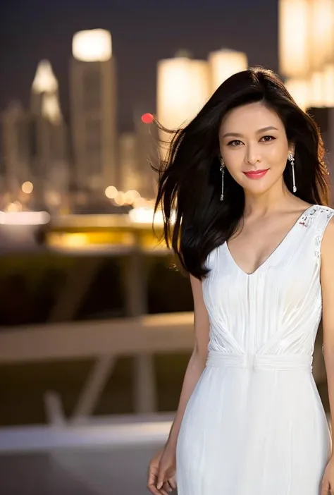 <lora:guanzhilin3:0.9:lbw=1,0,0,0,1,1,0,0,1,1,1,1,1,1,1,1,1>guanzhilin body, guanzhilin face, earrings, perfect hands,good hands,solo, A stunning beauty stands at the edge of Victoria Harbor, captivating all who gaze upon her. The moonlit sky shimmers across the rippling water, casting a silvery glow upon her delicate features. Her long, wavy hair flows freely in the gentle breeze, framing her heart-shaped face and alluring green eyes.Dressed in a glamorous yet understated ensemble, she exudes a natural elegance that is both alluring and enchanting. The soft fabric of her dress flows gracefully with the movement of the harbor, trailing behind her like a silken cape.As she stares out across the vast expanse of water, her expression is one of deep serenity, as if she is lost in the beauty of the moment. Her lips curve into a wistful smile, one that seems to hold the secrets of the night and the promises of tomorrow.The lights of the city dance upon the water, creating a dazzling display that reflects in her eyes like stars in the night sky. She stands there, a vision of ethereal beauty, captured in a moment of pure harmony with the city and the harbor that frames her,
(8k, RAW photo, best quality, masterpiece:1.2), (realistic, photo-realistic:1.55), (ultra-detailed:1.34),
(black hair:1.34),
(white dress:1.9),(white skin,),(pov:1.34)
smile,
(looking at viewer),
supermodel,
(depth of field:1.69),(long exposure:1.2),(dynamic motion:1.13),(Extreme Aestheticism:1.93),offical art,first person view,blurry background,(professional photograph:1.5),
(8k, RAW photo, best quality, masterpiece:1.2), (realistic, photo-realistic:1.55), (ultra-detailed:1.34), (highres:1.6),
(pov:1.35)