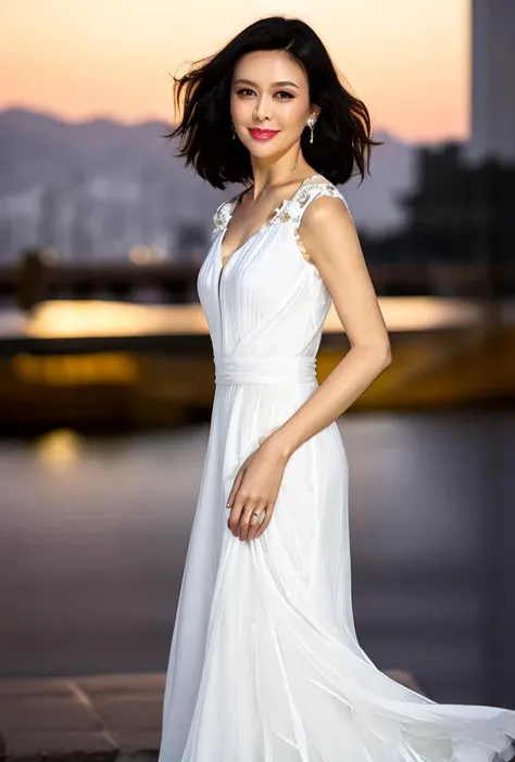 <lora:guanzhilin3:0.9:lbw=1,0,0,0,1,1,0,0,1,1,1,1,1,1,1,1,1>guanzhilin body, guanzhilin face, earrings, perfect hands,good hands,solo, A stunning beauty stands at the edge of Victoria Harbor, captivating all who gaze upon her. The moonlit sky shimmers across the rippling water, casting a silvery glow upon her delicate features. Her long, wavy hair flows freely in the gentle breeze, framing her heart-shaped face and alluring green eyes.Dressed in a glamorous yet understated ensemble, she exudes a natural elegance that is both alluring and enchanting. The soft fabric of her dress flows gracefully with the movement of the harbor, trailing behind her like a silken cape.As she stares out across the vast expanse of water, her expression is one of deep serenity, as if she is lost in the beauty of the moment. Her lips curve into a wistful smile, one that seems to hold the secrets of the night and the promises of tomorrow.The lights of the city dance upon the water, creating a dazzling display that reflects in her eyes like stars in the night sky. She stands there, a vision of ethereal beauty, captured in a moment of pure harmony with the city and the harbor that frames her,
(8k, RAW photo, best quality, masterpiece:1.2), (realistic, photo-realistic:1.55), (ultra-detailed:1.34),
(black hair:1.34),
(white dress:1.9),(white skin,),(pov:1.34)
smile,
(looking at viewer),
supermodel,
(depth of field:1.69),(long exposure:1.2),(dynamic motion:1.13),(Extreme Aestheticism:1.93),offical art,first person view,blurry background,(professional photograph:1.5),
(8k, RAW photo, best quality, masterpiece:1.2), (realistic, photo-realistic:1.55), (ultra-detailed:1.34), (highres:1.6),
(pov:1.35)